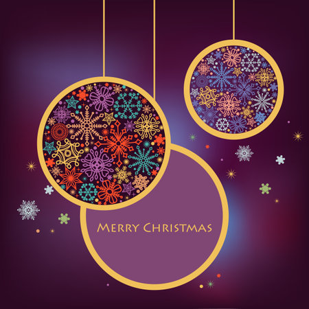 Christmas background, colorful Christmas balls, snowflakes in round ornamentsのイラスト素材