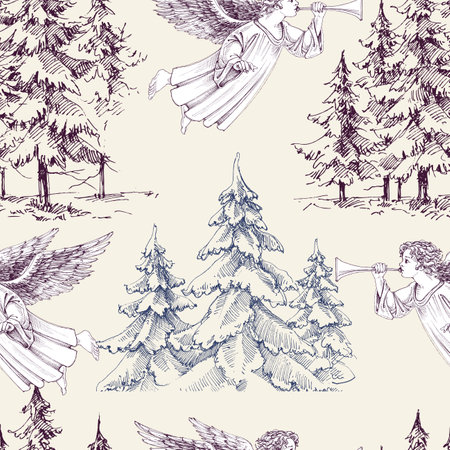 Christmas trees and Christmas angel seamless pattern, pine trees forest designのイラスト素材
