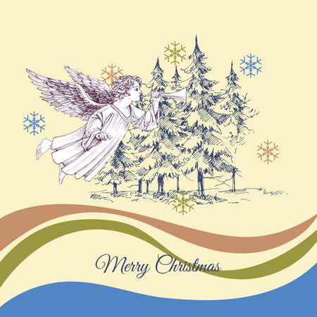 Pine trees and Christmas angel greeting card, season's greetingsのイラスト素材