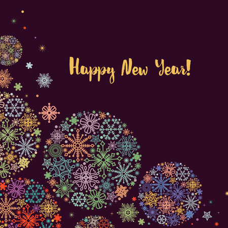 New year greeting card, colorful snowflakes ornaments over dark backgroundのイラスト素材