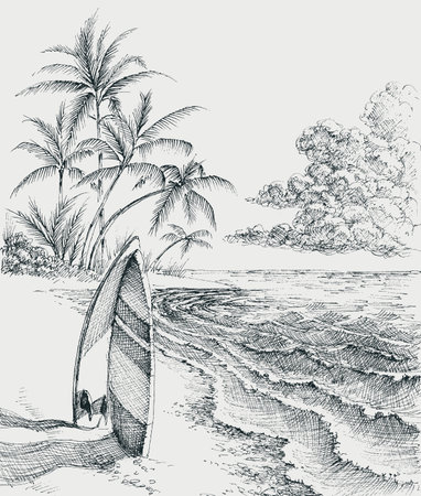 Surfboard on the beach, sea and palm trees in the backgroundのイラスト素材