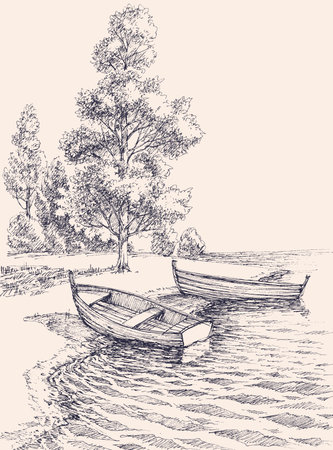 Empty boats on shore in the park lake, hand drawing landscapeのイラスト素材