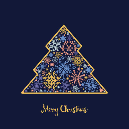 Abstract Christmas tree made of snowflakes in bright colors and a golden borderのイラスト素材
