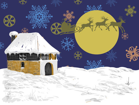 Christmas eve scene, small house in the snow landscape, Santa Claus sleigh and snowflakes backgroundのイラスト素材