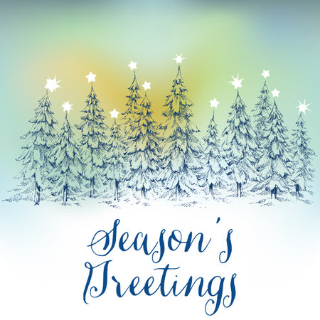 Christmas night landscape. Pine trees forest and Christmas stars aboveのイラスト素材