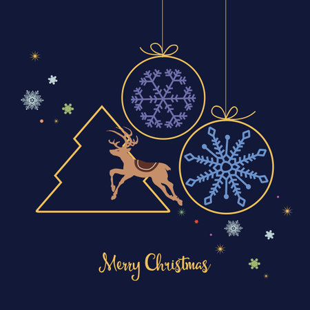 Christmas card, colorful snowflakes in round bauble ornaments and reindeer over dark backgroundのイラスト素材