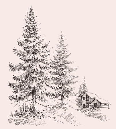 Alpine landscape sketch. Mountain cabin, pine tree forest and mountain rangesのイラスト素材