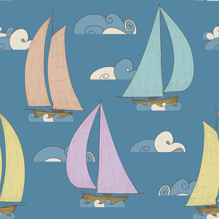 Boats sailing on sea waves cartoon seamless patternのイラスト素材