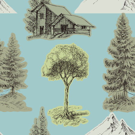 Alpine forest seamless pattern, pine trees, mountains and a holiday cabin designのイラスト素材