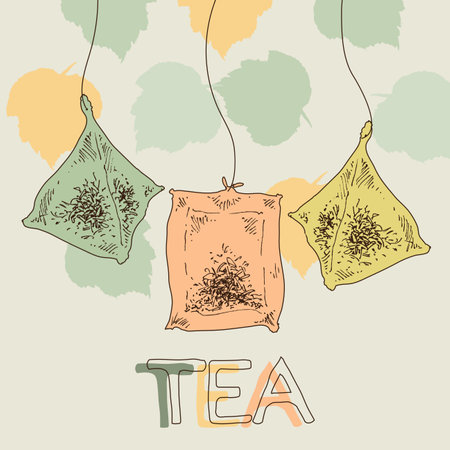 Tea bags banner or flyer. Tea shop label with hanging tea pyramids in retro syleのイラスト素材