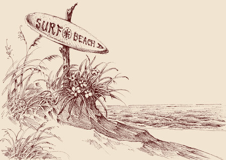 Surf board indicating direction for beach on sea shore hand drawingのイラスト素材