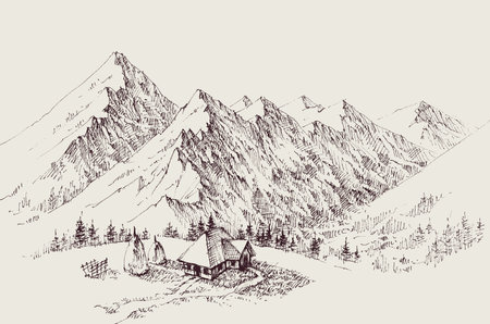 Isolated alpine farm hand drawing. Mountains ranges in the backgroundのイラスト素材