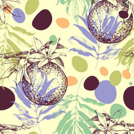 Orange fruits and orange blossom seamless patternのイラスト素材