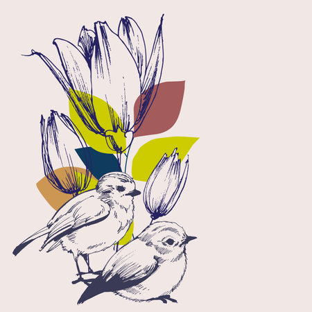 Birds and tulip flowers spring greeting cardのイラスト素材