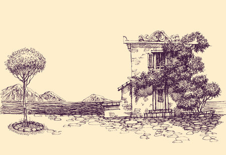 Ivy covered house on sea shore,  mountains landscapeのイラスト素材
