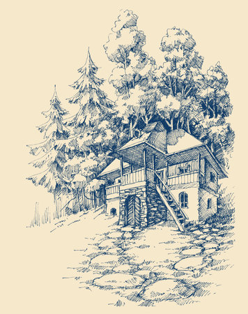 Wood and stone house cabin retreat in the forestのイラスト素材
