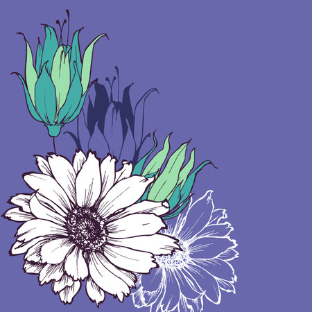 Hand drawn flowers corner decoration. Beautiful daisy design for various eventsのイラスト素材