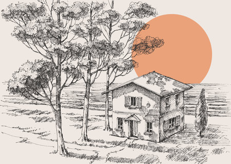 Old house on the beach among trees drawingのイラスト素材
