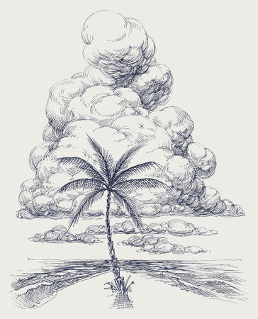 Palm tree on the beach, sea view hand drawing. Summer beach vacation backgroundのイラスト素材