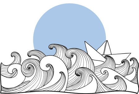 Paper boat on sea waves black and white designのイラスト素材