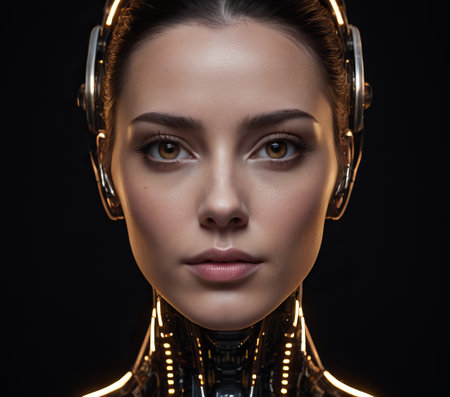 beautiful girl in futuristic costume with headphones looking at camera isolated on blackの素材