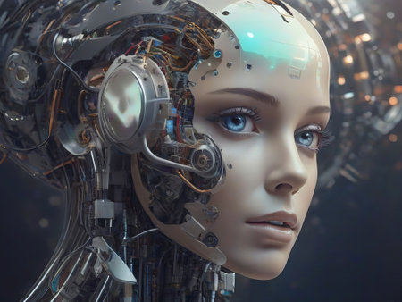 3D rendering of a female robot head with artificial intelligence in the backgroundの素材