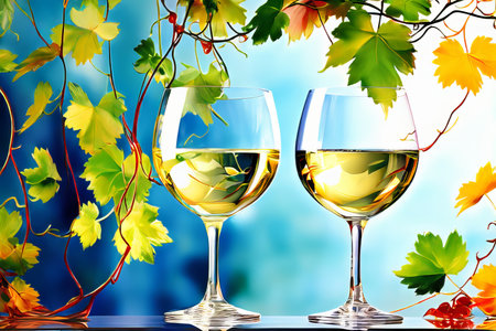 Glasses of white wine with autumn leaves on a blue background.の素材