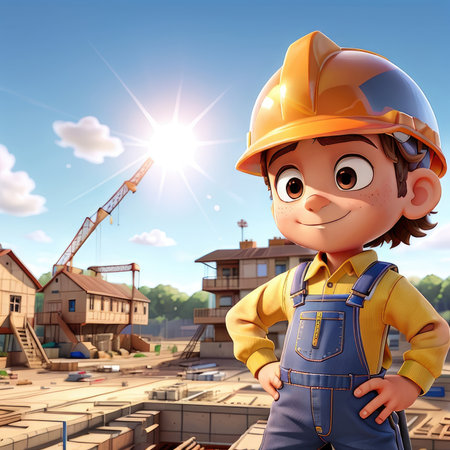 3D Render of Little Boy in Construction Site with blue sky backgroundの素材