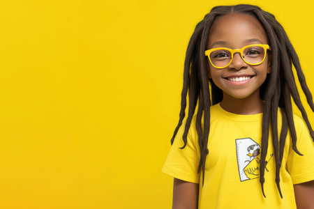 Smiling african american girl in yellow glasses on yellow background. Copy space.の素材