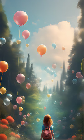 Young woman looking at colorful balloons flying in the sky above the forestの素材