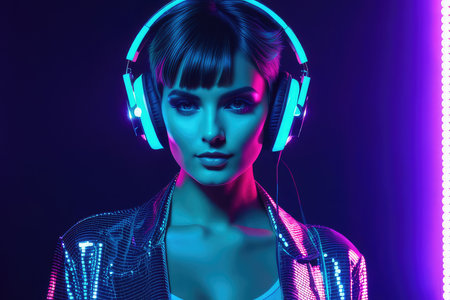 Young woman DJ with a short black hair, wearing huge headphones. Neon lighting, disco style atmosphere.の素材