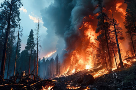 Forest fire, burning trees in the foreground.の素材