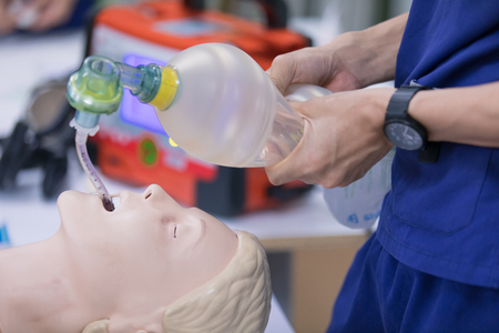 CPR training medical procedure,D on CPR doll in the classの写真素材