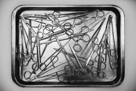 Surgical instruments black and white close-upの写真素材