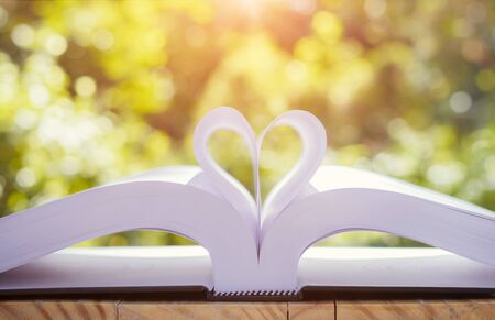 Books on a garden table, heart shaped, bokeh backgroundの写真素材