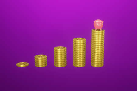 Money Savings Concept, stacked gold coins 5 rows 3d rendering.の写真素材