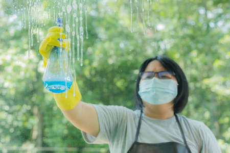 woman spraying and wiping glassの写真素材