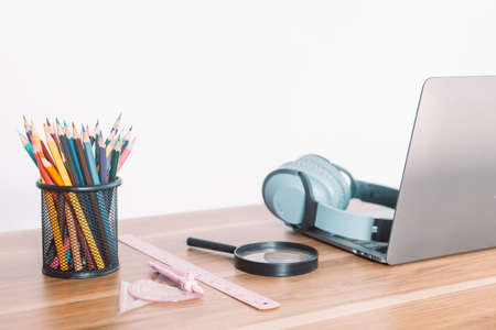 notebook on student desk online at home