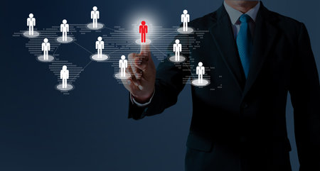 man hand pressing social media. iconconceptual image of social connectionの写真素材