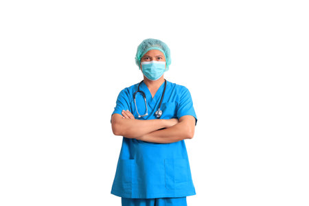 doctor with stethoscope and mask isolated on a white background.の写真素材