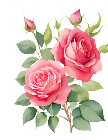 Pink roses with green leaves isolated on white background. Watercolor illustration.の素材