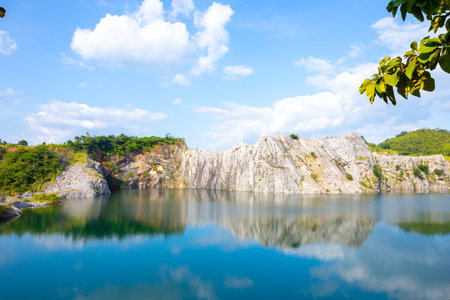 landscape of lake and mountain with blue sky in thailand.の写真素材