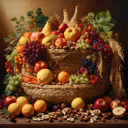 A realistic still life painting of a cornucopia made of woven strawの素材