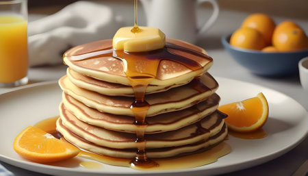 Pancakes with honey and oranges on a plate, closeupの素材