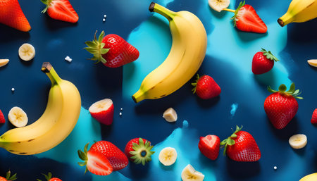 Creative layout made of fresh ripe bananas and strawberries on blue backgroundの素材