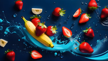 Strawberries and bananas falling into water splashes on blue backgroundの素材