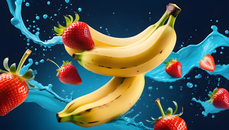 Banana and strawberry in water splash on blue background. 3d illustrationの素材