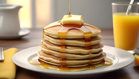 Pancakes with maple syrup on plate on table, closeupの素材