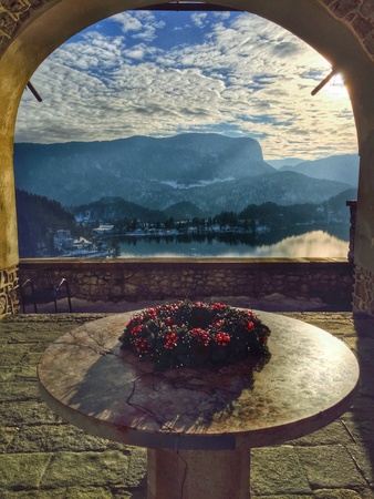 Panoramic View from Bled Castle on Bled Lake and Surroundings, Sloveniaの素材