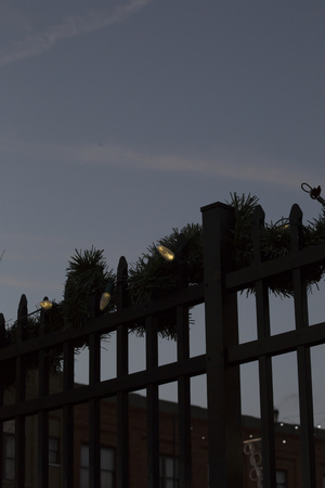 Row of white Christmas lights turned on at dusk